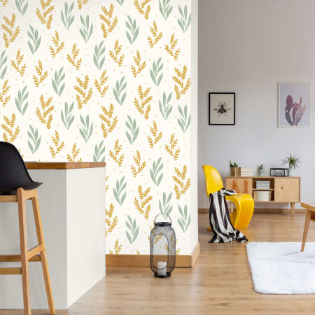Modern Nordic wallpaper with green and mustard underwater plants on a light yellow dotted background