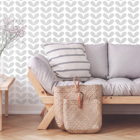 Modern white wallpaper with grey heart-shaped leaves in Nordic boho style