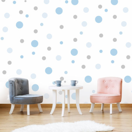 Wallpaper with blue and grey dots, bubbles, circles in modern style, for living room