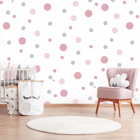 Pastel wallpaper for baby's room with pink and grey bubbles, circles, dots