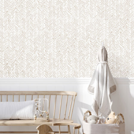 White boho wallpaper with beige dashes, herringbone pattern, colonial style
