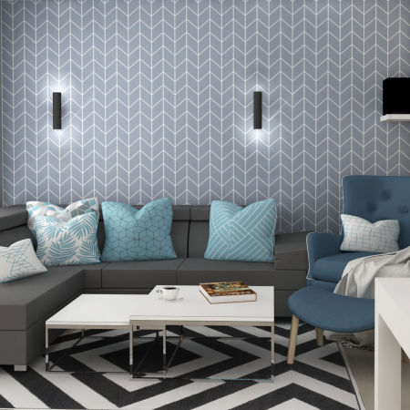 Geometric wallpaper with blue and white herringbone