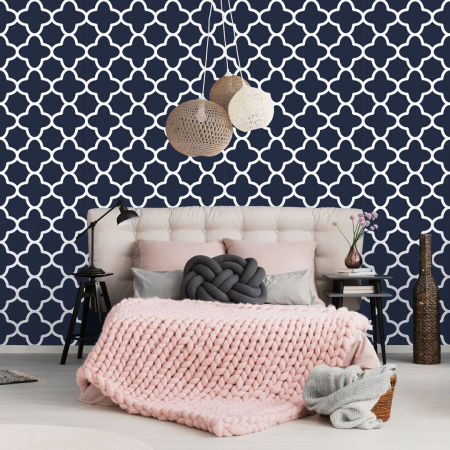 Navy blue and white patterned wallpaper in Moroccan style