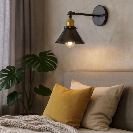 Loft black wall lamp with gold accessories, metal shade, industrial design - GUBI W1