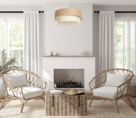 BOHO jute pendant lamp with double beige and cream lampshade, jute and linen fabric