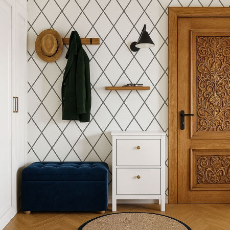 Loft white wallpaper with grey, graphite pattern NET, diamonds, contour