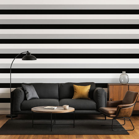 White, grey and black horizontal striped wallpaper (stripes:15 cm)