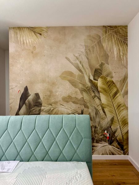 Beige wall mural, photo wallpaper: jungle, palm and banana leaves, boho style