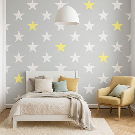 Grey wallpaper with big white and yellow stars (stars:33 cm)