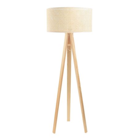 Natural boho style floor lamp with rattan cylinder-shaped lampshade on tripod - ROTANG
