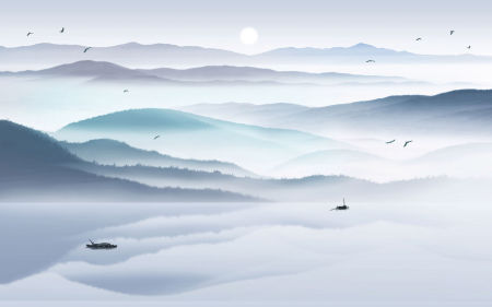 Blue and grey wallpaper, lake in mist, mountains, boats, birds, forest, pale sunshine