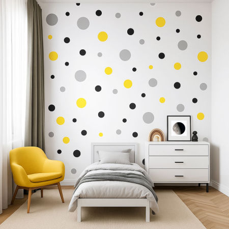 Modern white wallpaper with grey, black and yellow circles, bubbles, dots