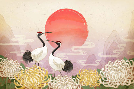 Oriental wallpaper, birds, herons, sunset, chrysanthemum flowers, Japanese style