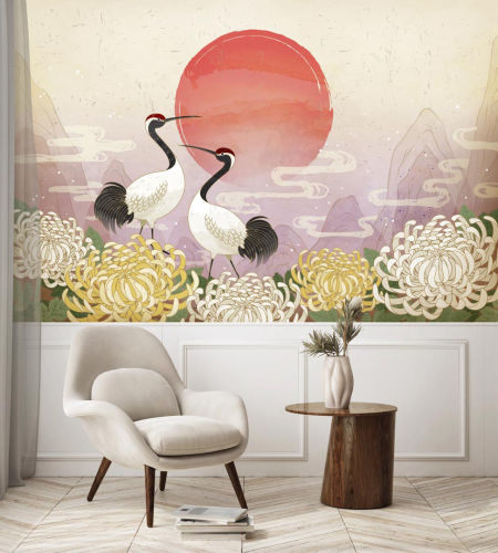 Oriental wallpaper, birds, herons, sunset, chrysanthemum flowers, Japanese style