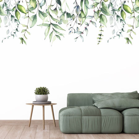 Decorative white wallpaper with watercolour pattern - dangling green branches with leaves