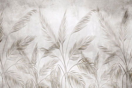Decorative wallpaper, beige and brown palm leaves on a cream-grey aged background, boho style