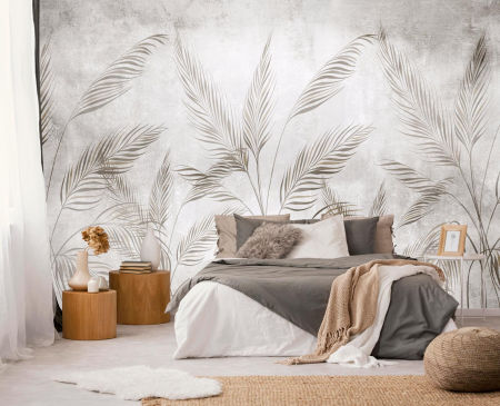 Decorative wallpaper, beige and brown palm leaves on a cream-grey aged background, boho style