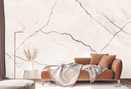 Vinyl wallpaper on fleece, beige-brown marble, aged cracked stone