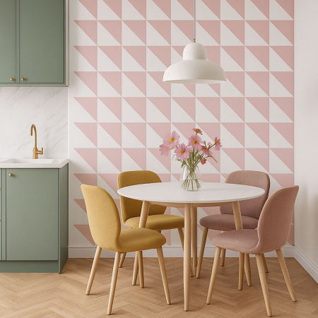 Wallpaper with 25 cm rectangular triangles, the colours of wallpaper: white and pink