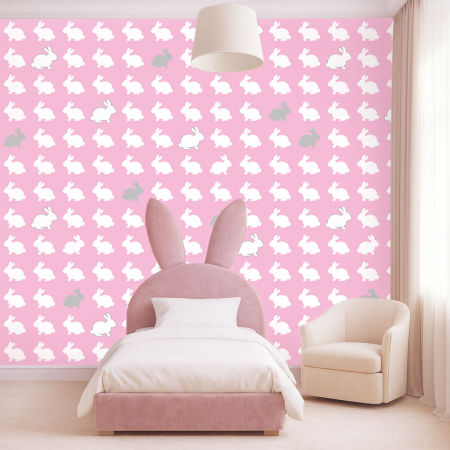 Pink wallpaper with white cute rabbits