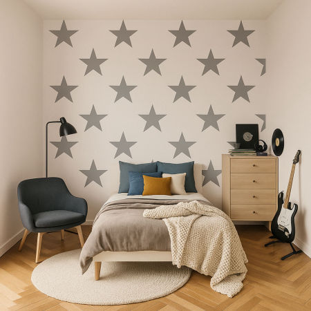 White wallpaper with dark grey 33 cm stars - starry wallpaper