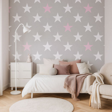Grey wallpaper with 33 cm stars (white and pink stars)