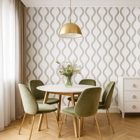 White wallpaper with grey ogee pattern