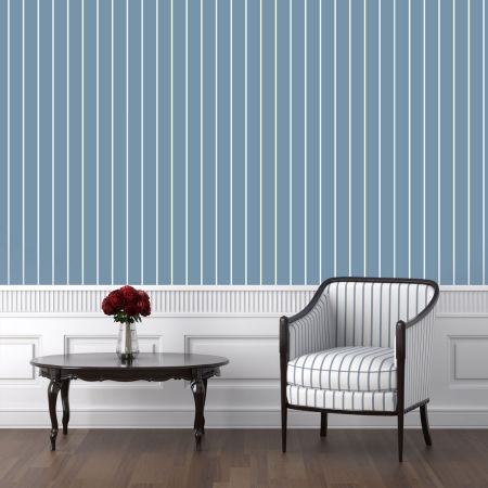 Scandinavian wallpaper with white vertical stripes on a blue background 1 cm