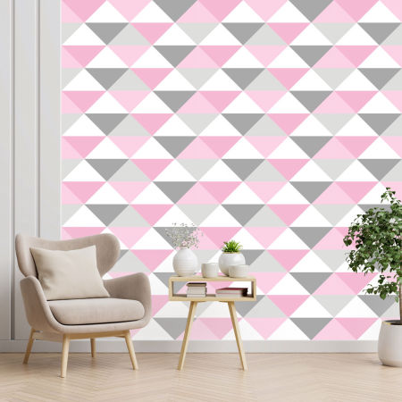 Scandinavian wallpaper with pastel pink, grey and white 33 cm triangles