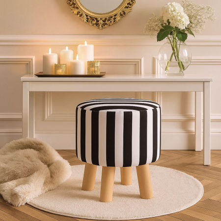 Stool, wooden hassock with round seat, white and black pattern with stripes