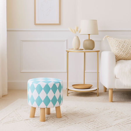 Scandinavian stool, wooden stool, cover with white and turquoise ROMBS