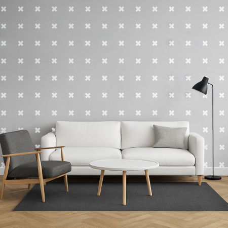 Grey Scandinavian wallpaper with white CROSSES - square decomposition (grey and white version)
