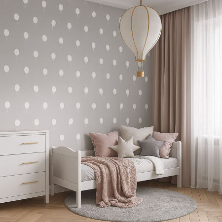 Grey wallpaper with white balloons