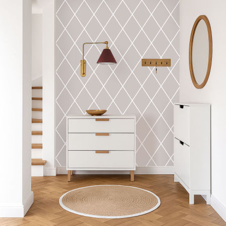 White-beige wallpaper with diamond netting (greige), white contour