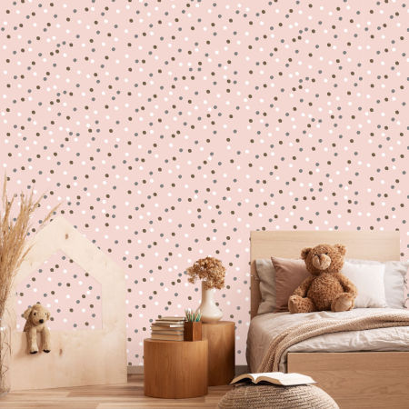 Salmon coloured wallpaper with irregular 3 cm dots of white, grey, brown colours