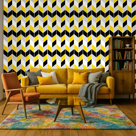 Chevron herringbone modern wallpaper black-grey-yellow-white