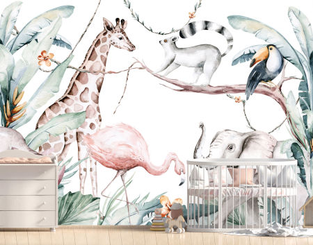 CHILDREN'S SAFARI wallpaper, animals in the jungle, watercolour, for children's room