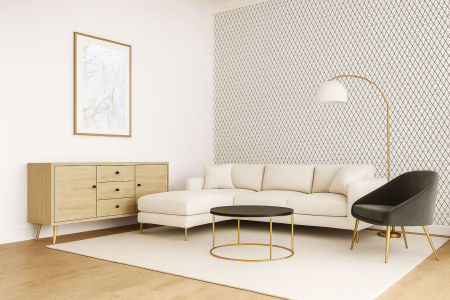 Geometrical design: white and black thin netting wallpaper. Patterns: lines, diamonds, triangles