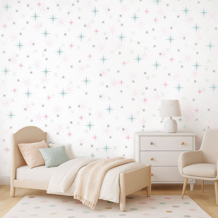 Flickering stars pastel wallpaper white-mint-pink-grey