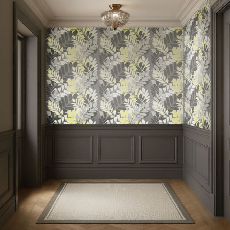 Acacia leaves grey-white-light-yellow wallpaper plant motif