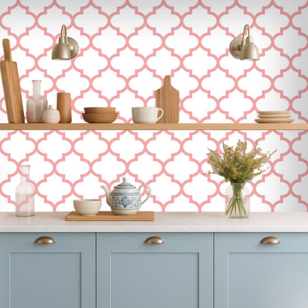 White and Salmon Moroccan Quatrefoil Tile wallpaper