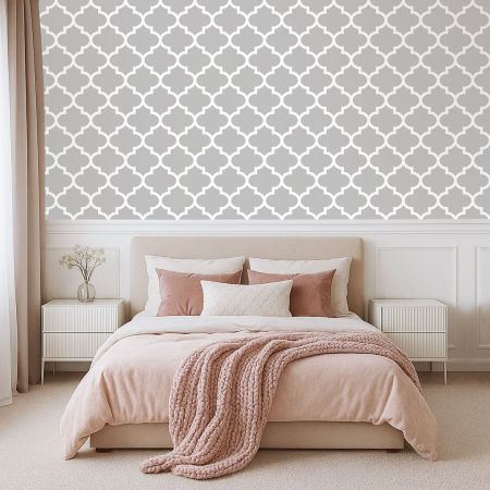Moroccan quatrefoil tile grey and white wallpaper