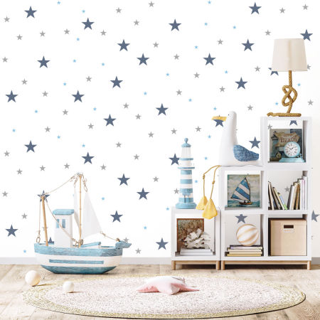 White wallpaper with blue, grey and navy blue stars