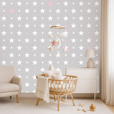 Grey wallpaper with white and pink 15 and 7 cm stars