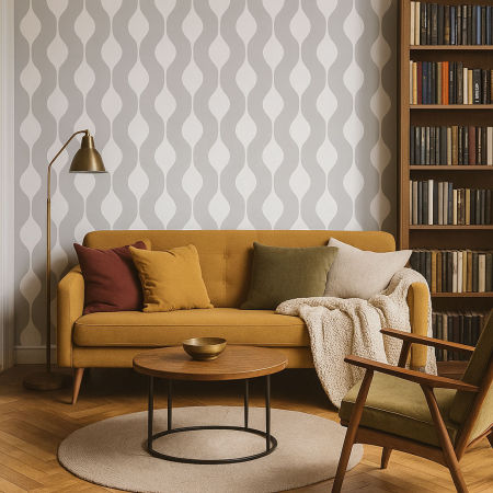 Grey and white vertical ogee pattern wallpaper