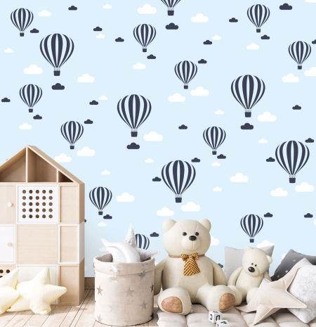 Wallpaper with flying balloons and clouds (colours: light blue-navy blue-white) for a boy
