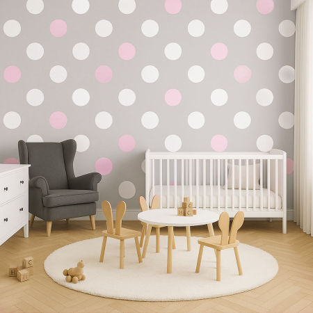 Big 15 cm dots grey and white and pink wallpaper