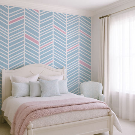 Original design: white, blue and pink herringbone wallpaper