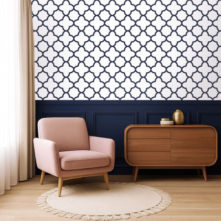Moroccan white and navy blue patterned wallpaper