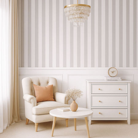 White and grey vertical striped wallpaper